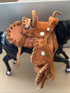 Mini toy Handcrafted Brown Leather Miniature Saddle with Fringe